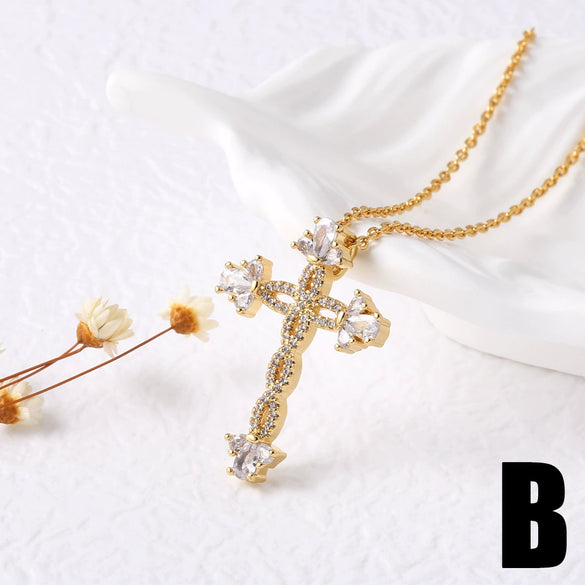 Wholesale Jewelry Minimalist Cross Pendant Necklace Copper 18K Gold Plated Zircon Snake Bone Chain