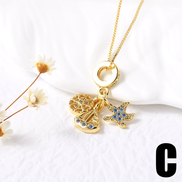 Wholesale Jewelry Minimalist Geometric Copper Pearl Flower Starfish Sailing Pendant Necklace Gold Plated Box Chain