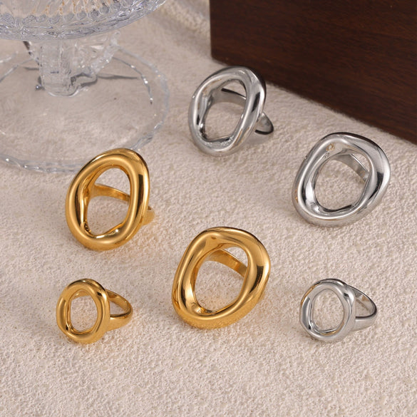 Wholesale Jewelry Minimalist Geometric Hollow Irregular Circle Joker Ring Titanium Steel 18K Gold Plated