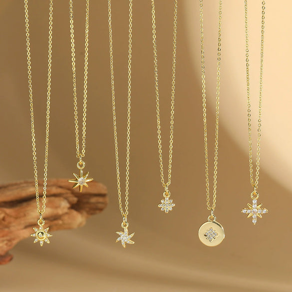 Wholesale Jewelry Minimalist Geometric Snowflake Copper Pendant Ochain Necklace With Mixed Gemstone Inlay Electroplating For Women