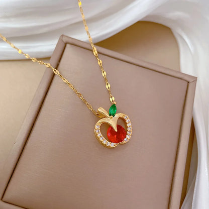 Wholesale Jewelry Modern Style Classic Style Apple Titanium Steel Copper Zircon Gold Plated Hollow Out Inlay Pendant Necklace