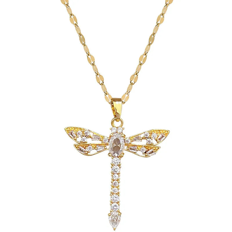 Wholesale Jewelry Modern Style Classic Style Dragonfly Titanium Steel Copper Zircon Gold Plated Inlay Pendant Necklace