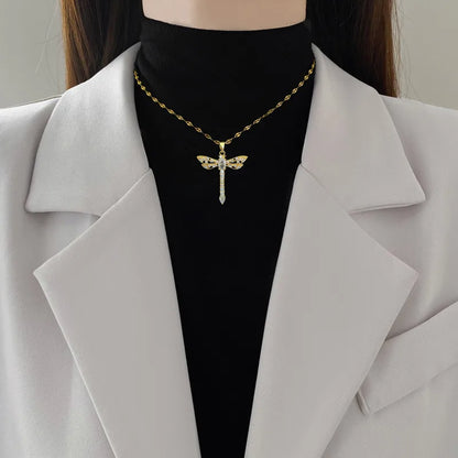 Wholesale Jewelry Modern Style Classic Style Dragonfly Titanium Steel Copper Zircon Gold Plated Inlay Pendant Necklace