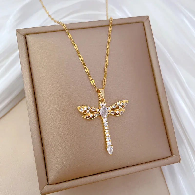 Wholesale Jewelry Modern Style Classic Style Dragonfly Titanium Steel Copper Zircon Gold Plated Inlay Pendant Necklace