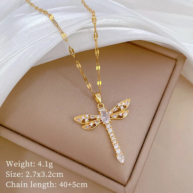 Wholesale Jewelry Modern Style Classic Style Dragonfly Titanium Steel Copper Zircon Gold Plated Inlay Pendant Necklace