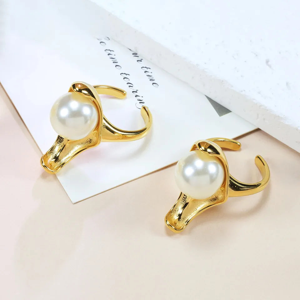 Wholesale Jewelry Modern Style Classic Style Geometric 304 Stainless Steel Artificial Pearls 18K Gold Plated Asymmetrical Inlay Rings