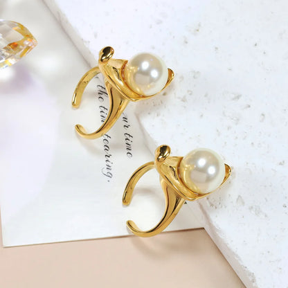 Wholesale Jewelry Modern Style Classic Style Geometric 304 Stainless Steel Artificial Pearls 18K Gold Plated Asymmetrical Inlay Rings