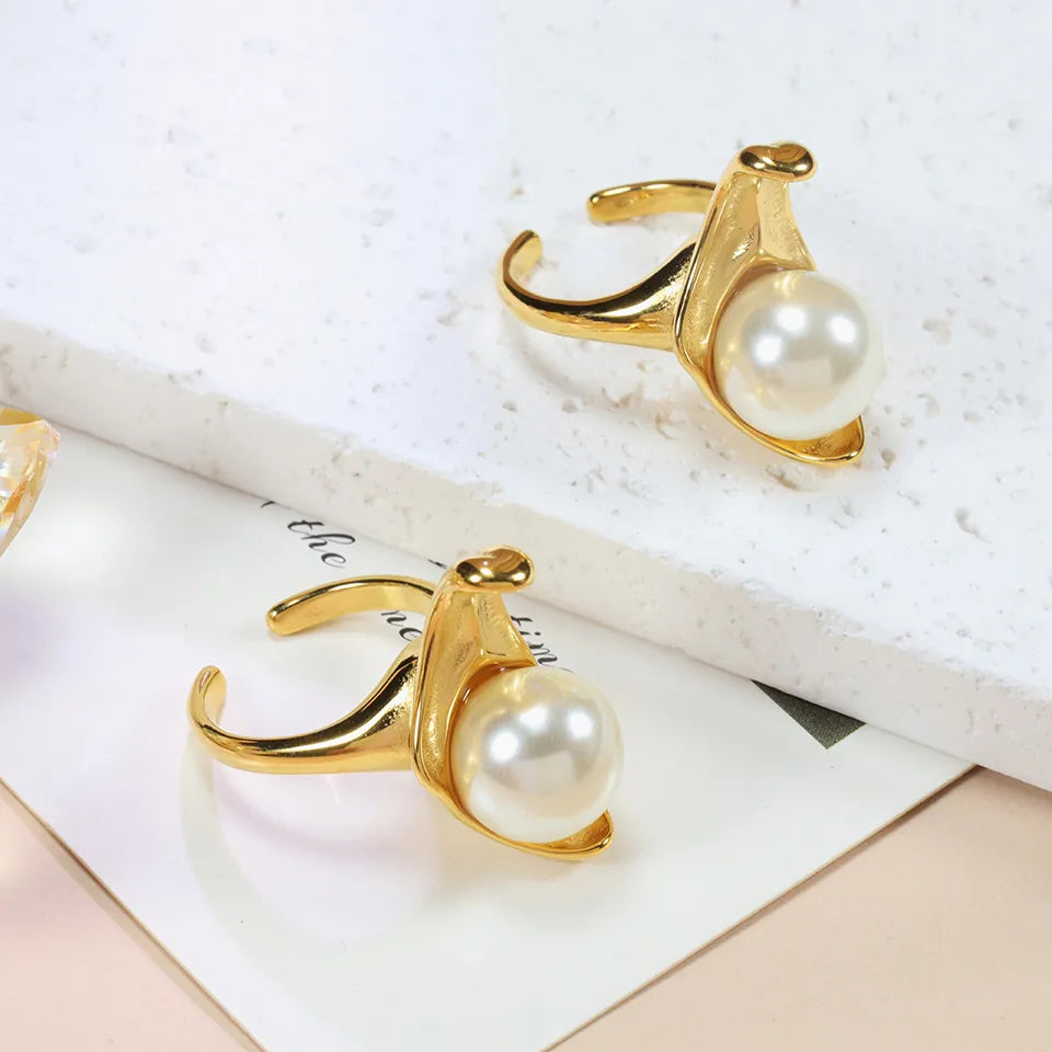 Wholesale Jewelry Modern Style Classic Style Geometric 304 Stainless Steel Artificial Pearls 18K Gold Plated Asymmetrical Inlay Rings