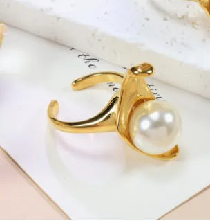 Wholesale Jewelry Modern Style Classic Style Geometric 304 Stainless Steel Artificial Pearls 18K Gold Plated Asymmetrical Inlay Rings