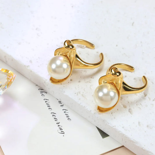 Wholesale Jewelry Modern Style Classic Style Geometric 304 Stainless Steel Artificial Pearls 18K Gold Plated Asymmetrical Inlay Rings