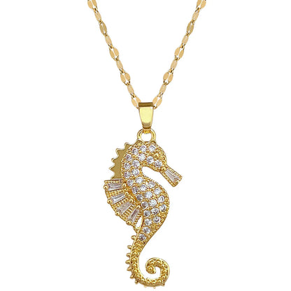 Wholesale Jewelry Modern Style Classic Style Hippocampus Titanium Steel Copper Zircon Gold Plated Plating Inlay Pendant Necklace