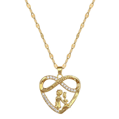 Wholesale Jewelry Modern Style Classic Style Human Infinity Heart Shape Titanium Steel Copper Zircon Gold Plated Hollow Out Inlay Pendant Necklace