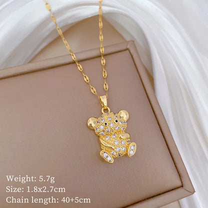 Wholesale Jewelry Modern Style Classic Style Little Bear Titanium Steel Copper Zircon Gold Plated Inlay Pendant Necklace