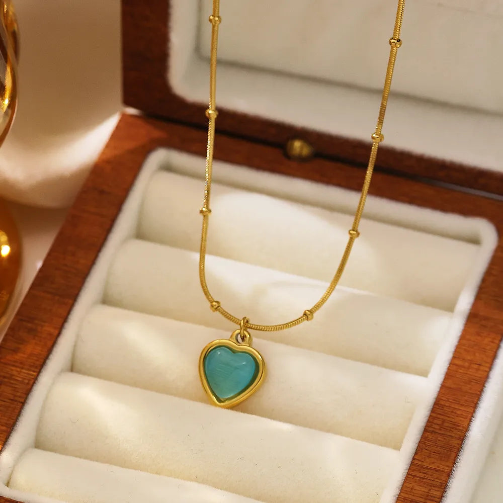 Wholesale Jewelry Modern Style Simple Style Heart Shape 304 Stainless Steel Opal 18K Gold Plated Inlay Pendant Necklace