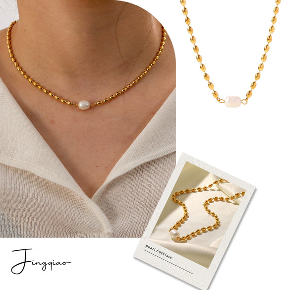 Wholesale Jewelry Natural Freshwater Pearl Oval Gold Bean Geometric Stainless Steel Electroplated Braceletnecklace For Women