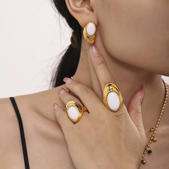 Wholesale Jewelry Natural Opal 316L Stainless Steel Women's Earrings And Ring Pvd Plated 18K True Gold Fashion Style