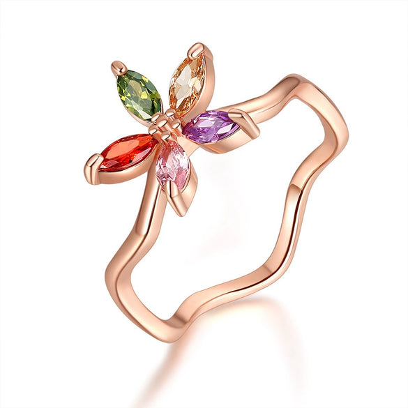 Wholesale Jewelry Natural Plant Flower Geometric Fivepointed Star Rose Gold Zircon Electroplated Ring For Women