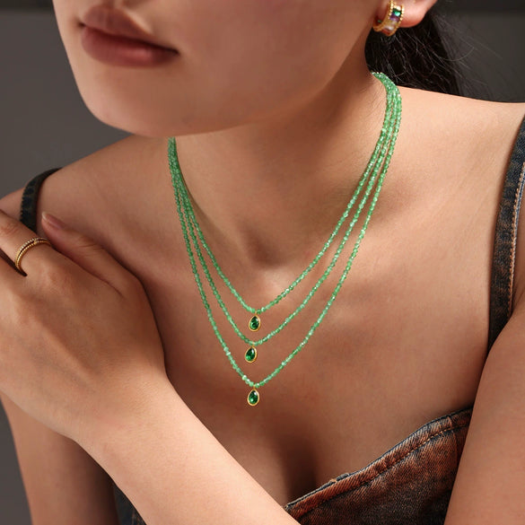 Wholesale Jewelry Natural Stone Beaded Emerald Cat's Eye Stone Water Drop Pendant 316L Stainless Steel Light Luxury Geometric Electroplated Women's Necklace