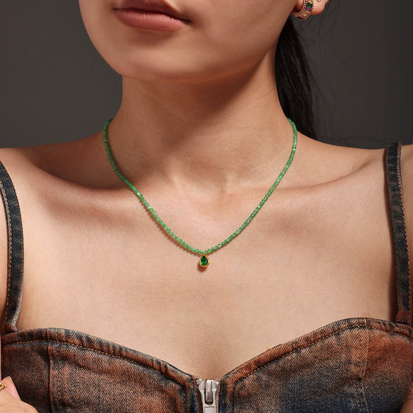 Wholesale Jewelry Natural Stone Beaded Emerald Cat's Eye Stone Water Drop Pendant 316L Stainless Steel Light Luxury Geometric Electroplated Women's Necklace