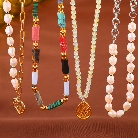 Wholesale Jewelry Natural Stone Beaded Geometric Handmade 316L Stainless Steel Necklace For Women