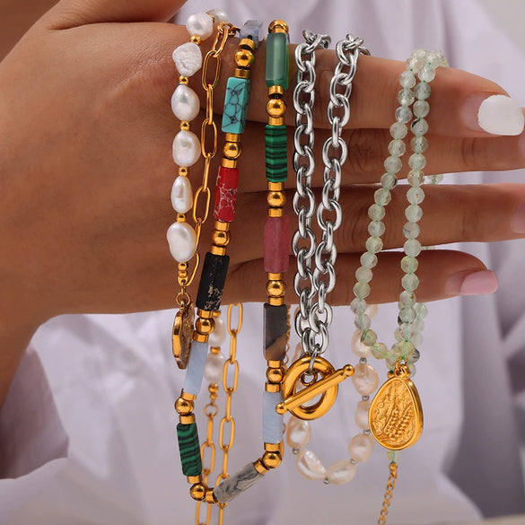 Wholesale Jewelry Natural Stone Beaded Geometric Handmade 316L Stainless Steel Necklace For Women