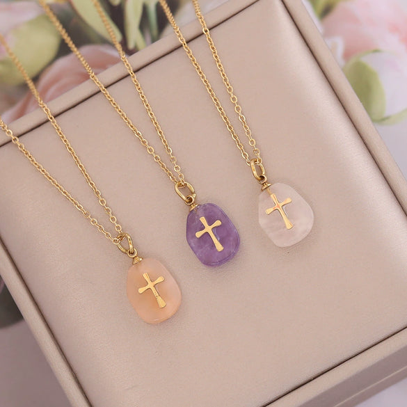 Wholesale Jewelry Natural Stone Cross Stainless Steel Necklace For Women With Geometric Design And Electroplating Treatment