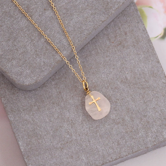 Wholesale Jewelry Natural Stone Cross Stainless Steel Necklace For Women With Geometric Design And Electroplating Treatment