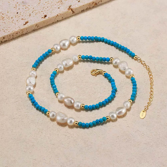 Wholesale Jewelry Natural Stone Cultured Freshwater Pearl Turquoise Silver 225 Silver Geometric Electroplated Necklace For Women