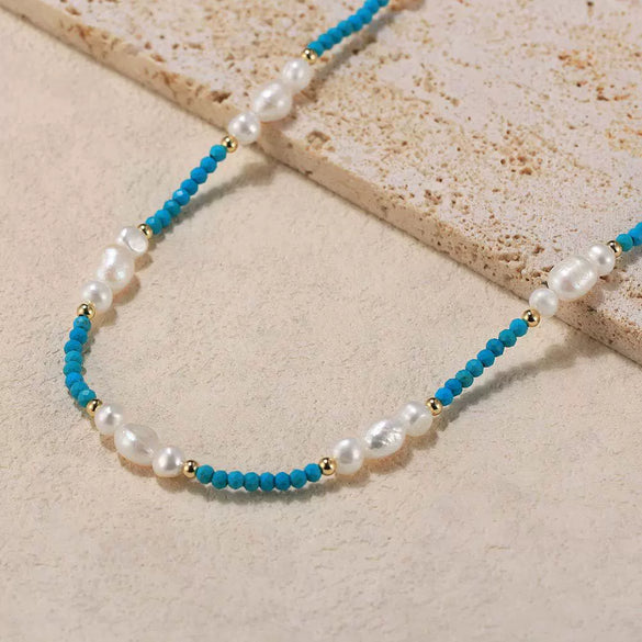 Wholesale Jewelry Natural Stone Cultured Freshwater Pearl Turquoise Silver 225 Silver Geometric Electroplated Necklace For Women