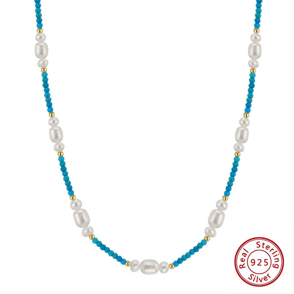 Wholesale Jewelry Natural Stone Cultured Freshwater Pearl Turquoise Silver 225 Silver Geometric Electroplated Necklace For Women
