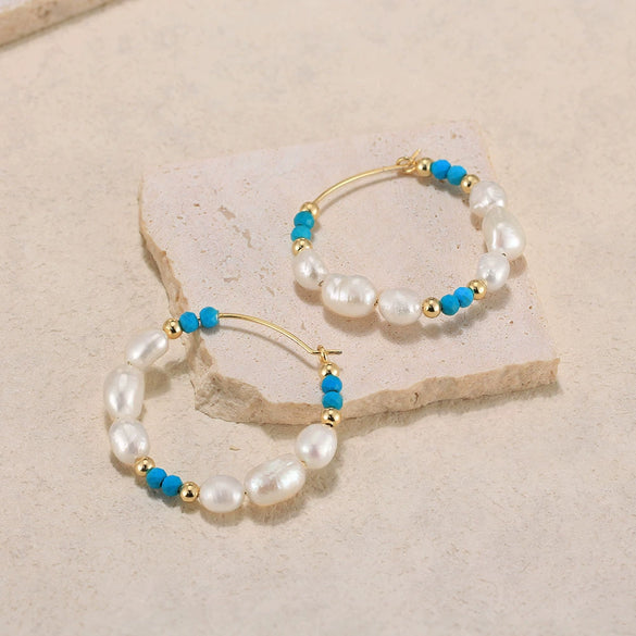 Wholesale Jewelry Natural Stone S925 Sterling Silver Freshwater Pearl Turquoise Geometric Earrings Electroplated