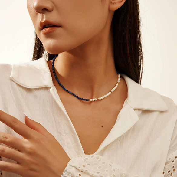 Wholesale Jewelry Necklace Imitation Pearls Natural Stone Silver Geometric Electroplating Chain
