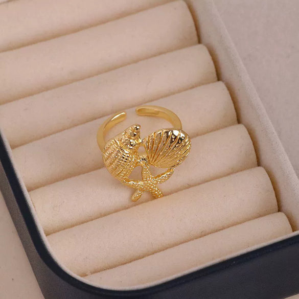 Wholesale Jewelry Niche Animal Style Geometric Copper Ring With Starfish Conch Pattern Electroplated For Women