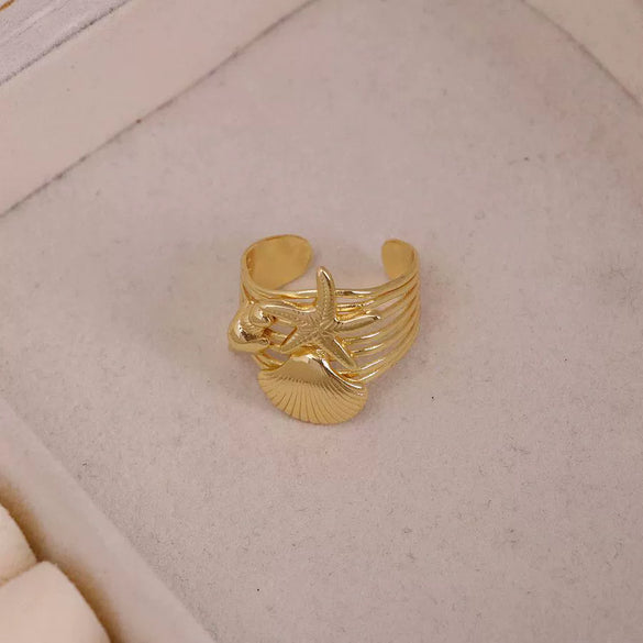 Wholesale Jewelry Niche Animal Style Geometric Copper Ring With Starfish Conch Pattern Electroplated For Women