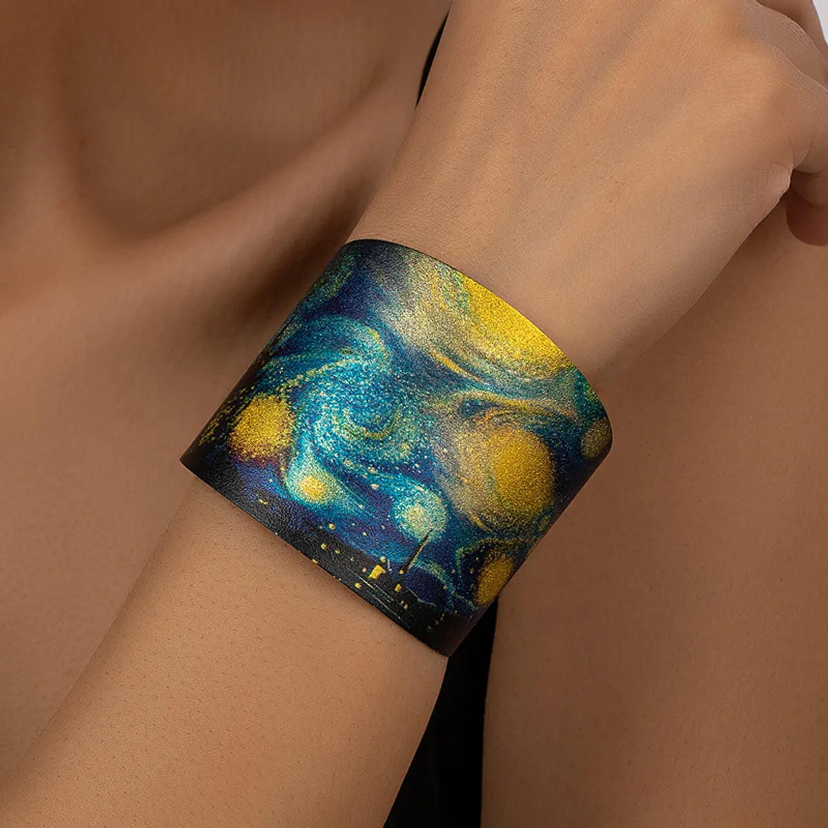 Wholesale Jewelry Nordic Style Classical Starry Sky Flower Landscape Alloy Lacquer Painting Cuff Bracelets