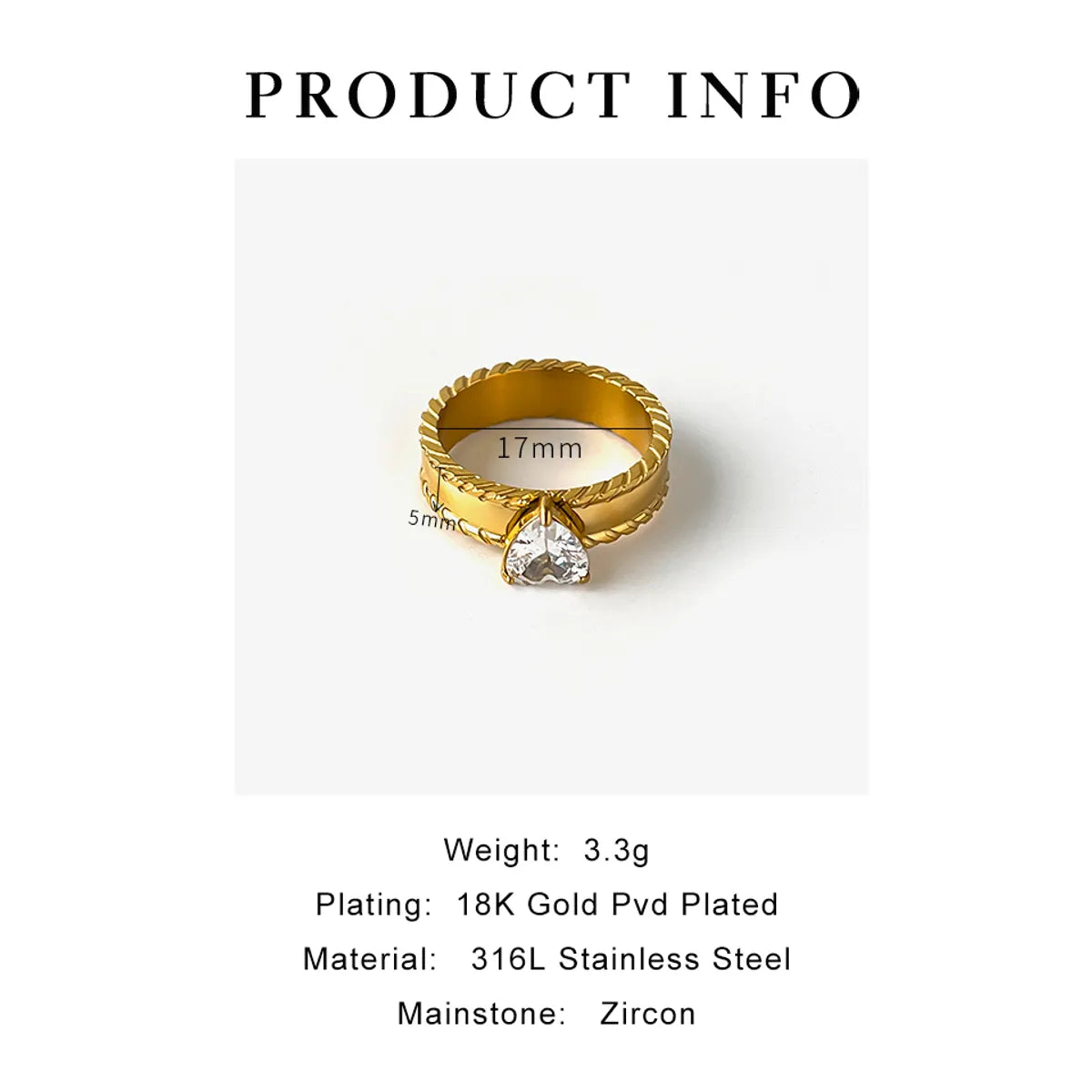 Wholesale Jewelry Nordic Style Sweet Simple Style Heart Shape 316L Stainless Steel  Zircon 18K Gold Plated Frill Inlay Rings