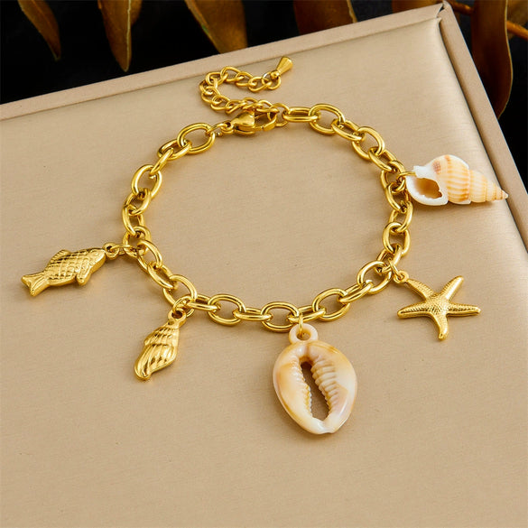 Wholesale Jewelry Ocean Series Beach Style Stainless Steel Animal Zodiac Pendant Bracelet Gold Plated