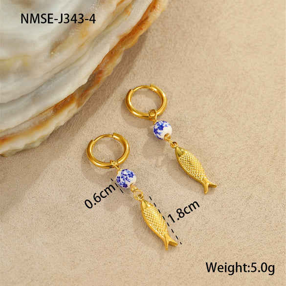 Wholesale Jewelry Ocean Style Ceramic Starfish Shell Stainless Steel Earrings Electroplating Design