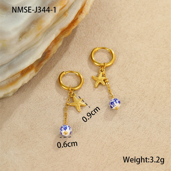 Wholesale Jewelry Ocean Style Ceramic Starfish Shell Stainless Steel Earrings Electroplating Design