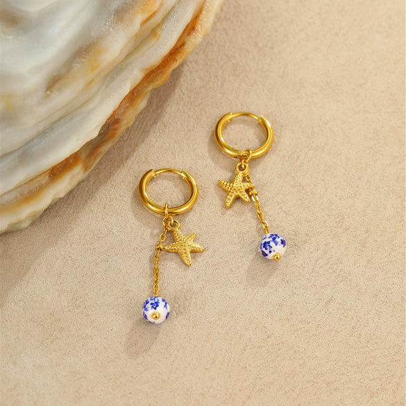 Wholesale Jewelry Ocean Style Ceramic Starfish Shell Stainless Steel Earrings Electroplating Design
