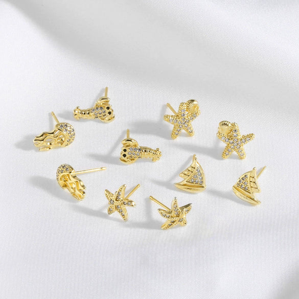 Wholesale Jewelry Ocean Style Copper Goldplated Geometric Starfish Octopus Earrings