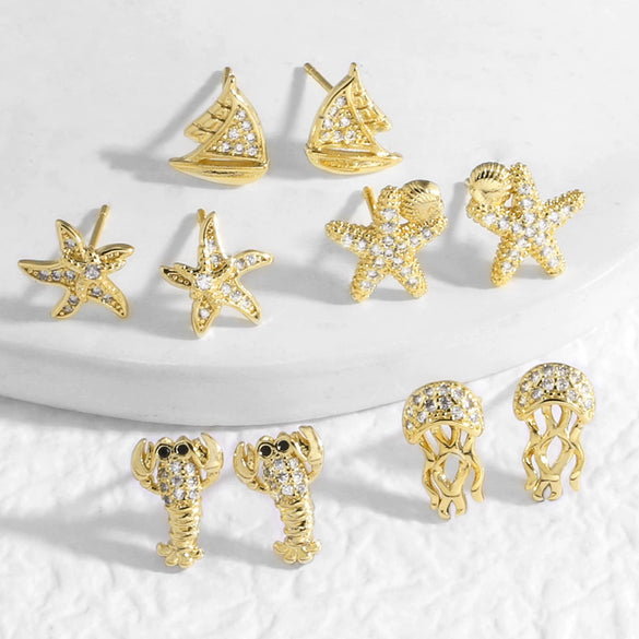 Wholesale Jewelry Ocean Style Copper Goldplated Geometric Starfish Octopus Earrings