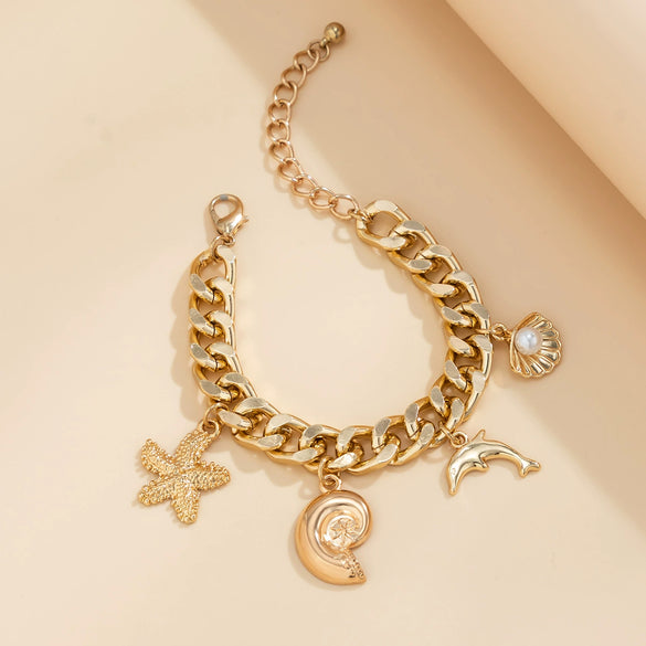 Wholesale Jewelry Ocean Style Dolphin Shell Imitation Pearl Alloy Starfishshaped Pendant Necklace With Electroplating