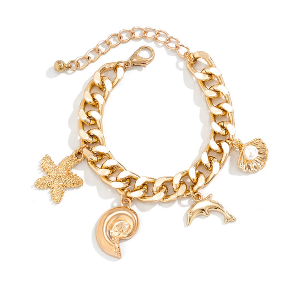 Wholesale Jewelry Ocean Style Dolphin Shell Imitation Pearl Alloy Starfishshaped Pendant Necklace With Electroplating
