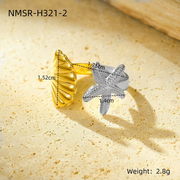 Wholesale Jewelry Ocean Style Stainless Steel Ring Shell Starfish Titanium Steel Open Ring Light Luxury Electroplating