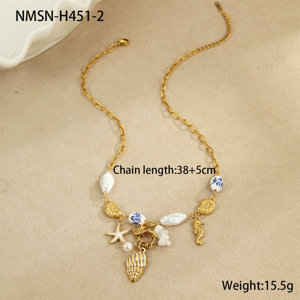 Wholesale Jewelry Ocean Wind Shell Starfish Titanium Steel Stainless Steel 18K Gold Plated Geometric Necklace Bracelet For Women