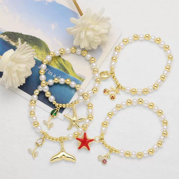 Wholesale Jewelry Pearl Flower Starfish Fish Tail Pendant Bracelet Copper Gold Plated