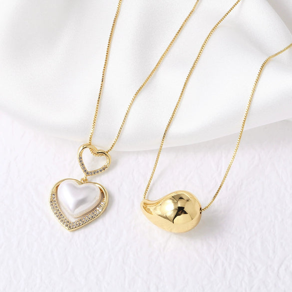 Wholesale Jewelry Pearl Love Heart Water Drop Copper Gold Plated Clavicle Chain Necklace Unisex Minimalist Style