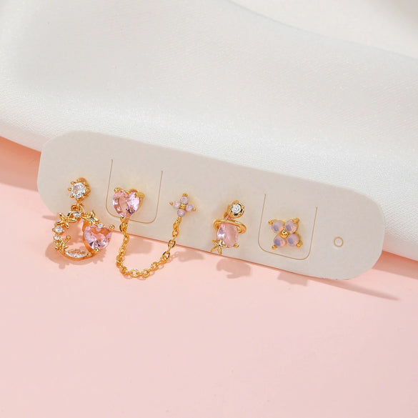 Wholesale Jewelry Pink Sweet Love Style Brass Heart And Flower Earrings Set With Zircon Inlay