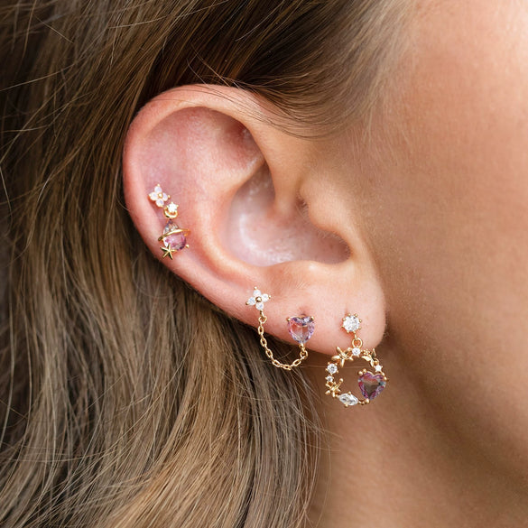 Wholesale Jewelry Pink Sweet Love Style Brass Heart And Flower Earrings Set With Zircon Inlay